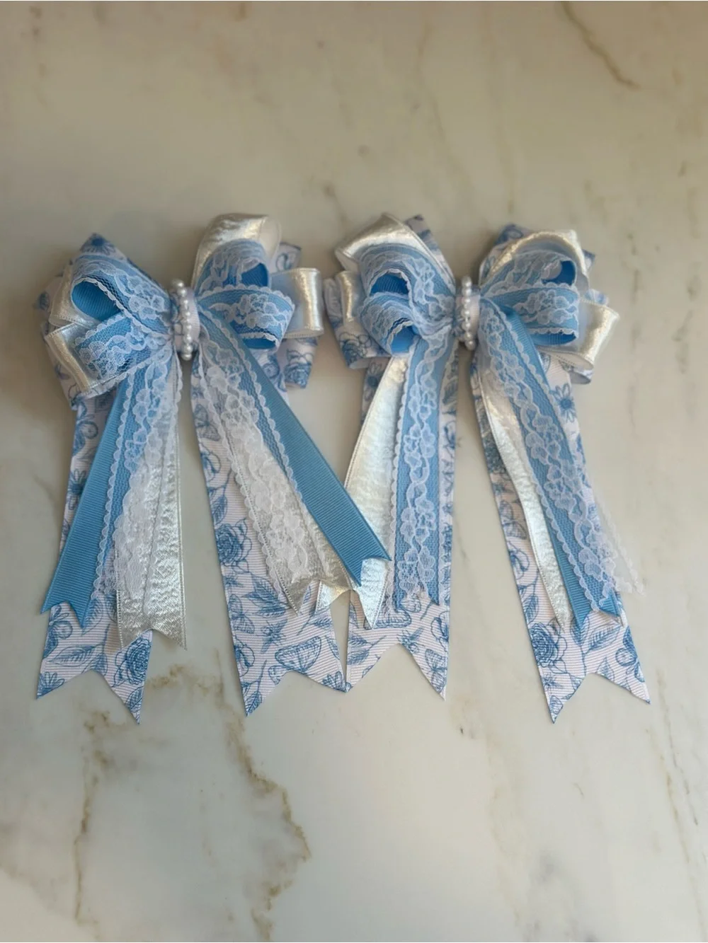 Equestrian Show Bows Shabby Chic Blue with Lace & Pearl Accent